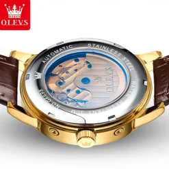 OLEVS Men Mechanical Watch Fashion Business Wristwatch Automatic Self-winding Moon phase Luminous Perpetual Calendar Leather Watch