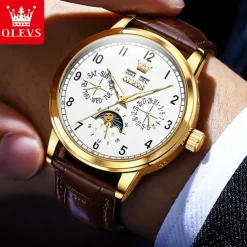 OLEVS Men Mechanical Watch Fashion Business Wristwatch Automatic Self-winding Moon phase Luminous Perpetual Calendar Leather Watch