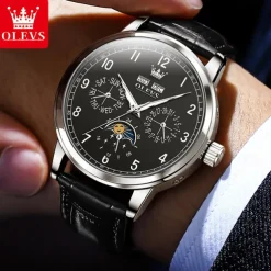 OLEVS Men Mechanical Watch Fashion Business Wristwatch Automatic Self-winding Moon phase Luminous Perpetual Calendar Leather Watch