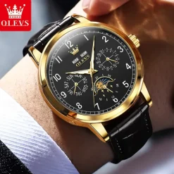 OLEVS Men Mechanical Watch Fashion Business Wristwatch Automatic Self-winding Moon phase Luminous Perpetual Calendar Leather Watch