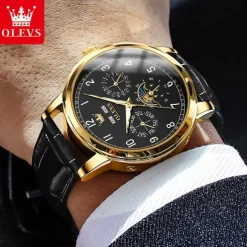OLEVS Men Mechanical Watch Fashion Business Wristwatch Automatic Self-winding Moon phase Luminous Perpetual Calendar Leather Watch