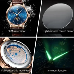 OLEVS Men Mechanical Watch Fashion Business Wristwatch Automatic Self-winding Moon phase Luminous Perpetual Calendar Leather Watch