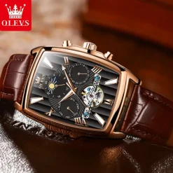 OLEVS Men Mechanical Watch Fashion Casual Wristwatch Automatic Self-winding Moon phase Luminous Calendar Leather Watch