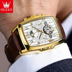 OLEVS Men Mechanical Watch Fashion Casual Wristwatch Automatic Self-winding Moon phase Luminous Calendar Leather Watch