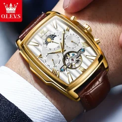 OLEVS Men Mechanical Watch Fashion Casual Wristwatch Automatic Self-winding Moon phase Luminous Calendar Leather Watch