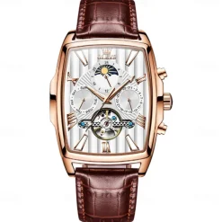 OLEVS Men Mechanical Watch Fashion Casual Wristwatch Automatic Self-winding Moon phase Luminous Calendar Leather Watch