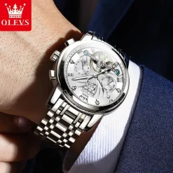 OLEVS Men Mechanical Watch Fashion Casual Wristwatch Automatic Self-winding Tourbillon Luminous Calendar Steel Watch