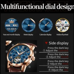 OLEVS Men Mechanical Watch Fashion Casual Wristwatch Automatic Self-winding Luminous Calendar Date Week Leather Watch
