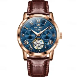 OLEVS Men Mechanical Watch Fashion Casual Wristwatch Automatic Self-winding Luminous Calendar Date Week Leather Watch