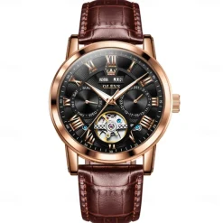 OLEVS Men Mechanical Watch Fashion Casual Wristwatch Automatic Self-winding Luminous Calendar Date Week Leather Watch
