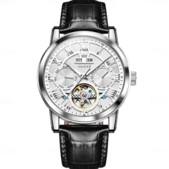 OLEVS Men Mechanical Watch Fashion Casual Wristwatch Automatic Self-winding Luminous Calendar Date Week Leather Watch