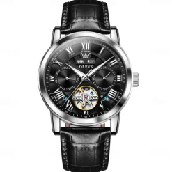 OLEVS Men Mechanical Watch Fashion Casual Wristwatch Automatic Self-winding Luminous Calendar Date Week Leather Watch
