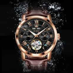 OLEVS Men Mechanical Watch Fashion Casual Wristwatch Automatic Self-winding Luminous Calendar Date Week Leather Watch