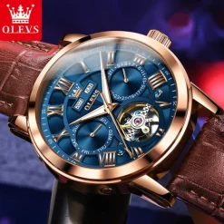 OLEVS Men Mechanical Watch Fashion Casual Wristwatch Automatic Self-winding Luminous Calendar Date Week Leather Watch