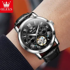 OLEVS Men Mechanical Watch Fashion Casual Wristwatch Automatic Self-winding Luminous Calendar Date Week Leather Watch