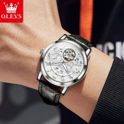 OLEVS Men Mechanical Watch Fashion Casual Wristwatch Automatic Self-winding Luminous Calendar Date Week Leather Watch