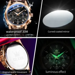 OLEVS Men Quartz Watch Fashion Casual Wristwatch Moon phase Luminous Calendar Chronograph Leather Strap Watch