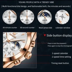 OLEVS Men Quartz Watch Fashion Casual Wristwatch Moon phase Luminous Calendar Chronograph Leather Strap Watch