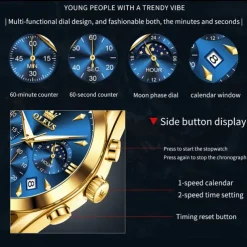 OLEVS Men Quartz Watch Fashion Casual Wristwatch Moon phase Luminous Calendar Chronograph Leather Strap Watch