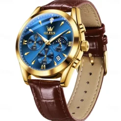 OLEVS Men Quartz Watch Fashion Casual Wristwatch Moon phase Luminous Calendar Chronograph Leather Strap Watch