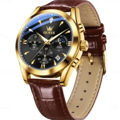 OLEVS Men Quartz Watch Fashion Casual Wristwatch Moon phase Luminous Calendar Chronograph Leather Strap Watch