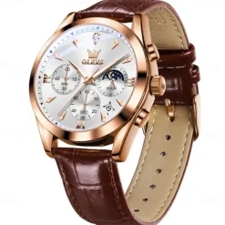 OLEVS Men Quartz Watch Fashion Casual Wristwatch Moon phase Luminous Calendar Chronograph Leather Strap Watch