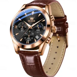 OLEVS Men Quartz Watch Fashion Casual Wristwatch Moon phase Luminous Calendar Chronograph Leather Strap Watch