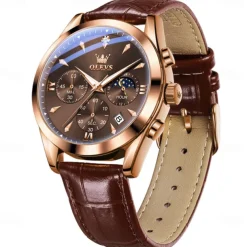 OLEVS Men Quartz Watch Fashion Casual Wristwatch Moon phase Luminous Calendar Chronograph Leather Strap Watch