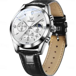 OLEVS Men Quartz Watch Fashion Casual Wristwatch Moon phase Luminous Calendar Chronograph Leather Strap Watch