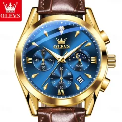 OLEVS Men Quartz Watch Fashion Casual Wristwatch Moon phase Luminous Calendar Chronograph Leather Strap Watch