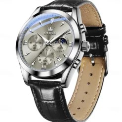 OLEVS Men Quartz Watch Fashion Casual Wristwatch Moon phase Luminous Calendar Chronograph Leather Strap Watch