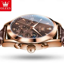 OLEVS Men Quartz Watch Fashion Casual Wristwatch Moon phase Luminous Calendar Chronograph Leather Strap Watch
