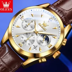 OLEVS Men Quartz Watch Fashion Casual Wristwatch Moon phase Luminous Calendar Chronograph Leather Strap Watch
