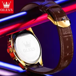 OLEVS Men Quartz Watch Fashion Casual Wristwatch Moon phase Luminous Calendar Chronograph Leather Strap Watch