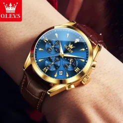 OLEVS Men Quartz Watch Fashion Casual Wristwatch Moon phase Luminous Calendar Chronograph Leather Strap Watch