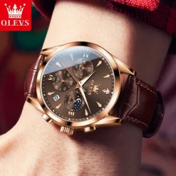 OLEVS Men Quartz Watch Fashion Casual Wristwatch Moon phase Luminous Calendar Chronograph Leather Strap Watch