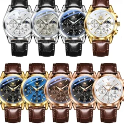 OLEVS Men Quartz Watch Fashion Casual Wristwatch Moon phase Luminous Calendar Chronograph Leather Strap Watch