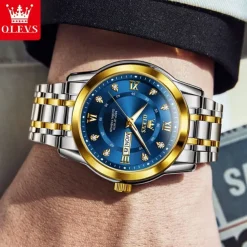 OLEVS Men Quartz Watch Fashion Business Wristwatch Luminous Calendar Date Week Waterproof Steel Watch