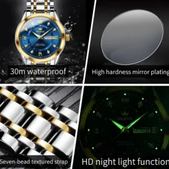 OLEVS Men Quartz Watch Fashion Business Wristwatch Luminous Calendar Date Week Waterproof Steel Watch