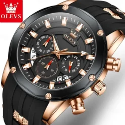 OLEVS Men Quartz Watch Outdoor Sports Fashion Wristwatch Luminous Calendar Chronograph Waterproof Silicone Gel Watch
