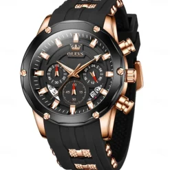 OLEVS Men Quartz Watch Outdoor Sports Fashion Wristwatch Luminous Calendar Chronograph Waterproof Silicone Gel Watch