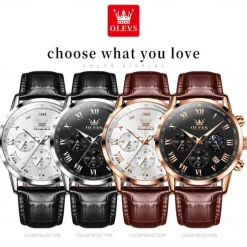 OLEVS Men Quartz Watch Outdoor Sports Fashion Wristwatch Moon phase Luminous Calendar Chronograph Leather Watch