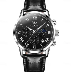 OLEVS Men Quartz Watch Outdoor Sports Fashion Wristwatch Moon phase Luminous Calendar Chronograph Leather Watch