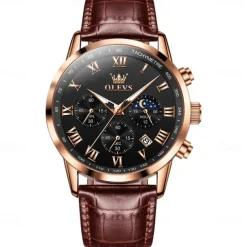 OLEVS Men Quartz Watch Outdoor Sports Fashion Wristwatch Moon phase Luminous Calendar Chronograph Leather Watch