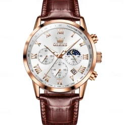 OLEVS Men Quartz Watch Outdoor Sports Fashion Wristwatch Moon phase Luminous Calendar Chronograph Leather Watch