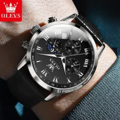 OLEVS Men Quartz Watch Outdoor Sports Fashion Wristwatch Moon phase Luminous Calendar Chronograph Leather Watch