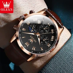 OLEVS Men Quartz Watch Outdoor Sports Fashion Wristwatch Moon phase Luminous Calendar Chronograph Leather Watch
