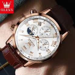 OLEVS Men Quartz Watch Outdoor Sports Fashion Wristwatch Moon phase Luminous Calendar Chronograph Leather Watch