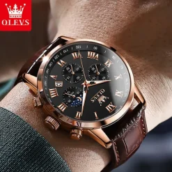 OLEVS Men Quartz Watch Outdoor Sports Fashion Wristwatch Moon phase Luminous Calendar Chronograph Leather Watch