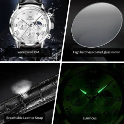 OLEVS Men Quartz Watch Outdoor Sports Fashion Wristwatch Moon phase Luminous Calendar Chronograph Leather Watch